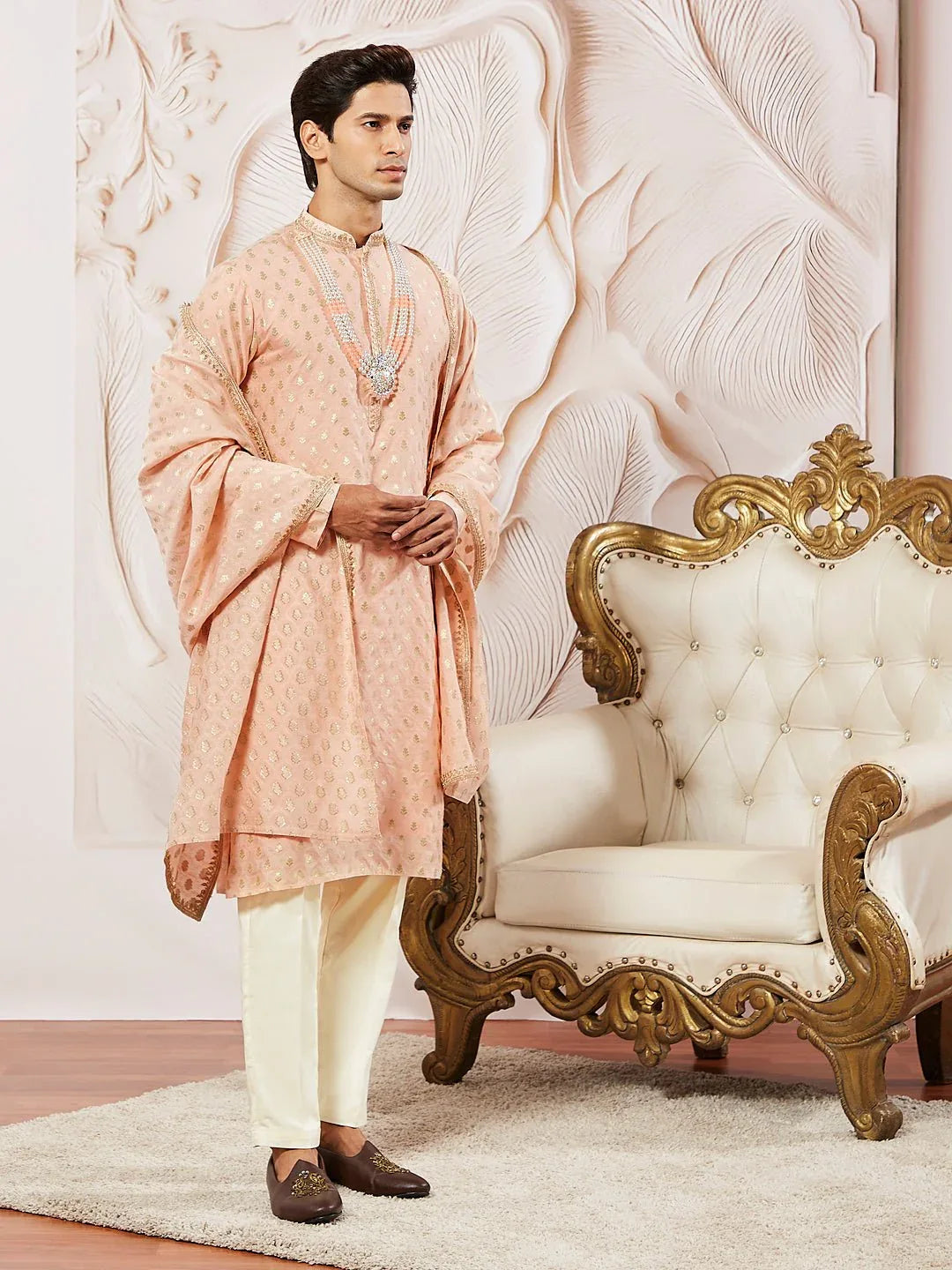 Men's Peach Kurta Pyjama with Woven Dupatta Set