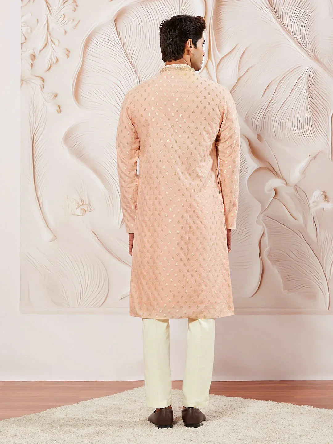 Men's Peach Kurta Pyjama with Woven Dupatta Set