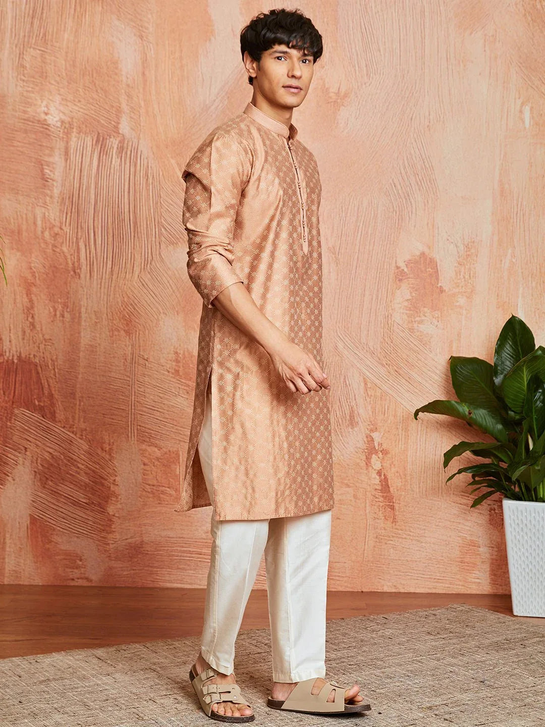Men’s Peach Silk Blend Jacquard Kurta with Cream Pyjama
