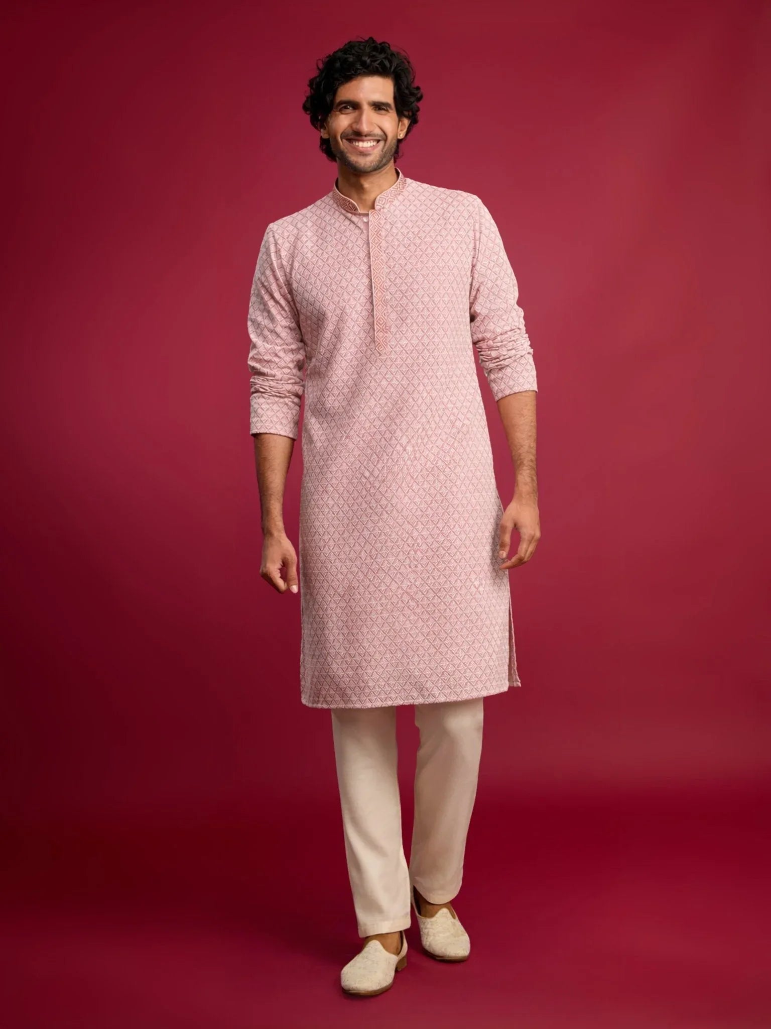 Men's Pink Faux Georgette Thread Embroidered Long Kurta
