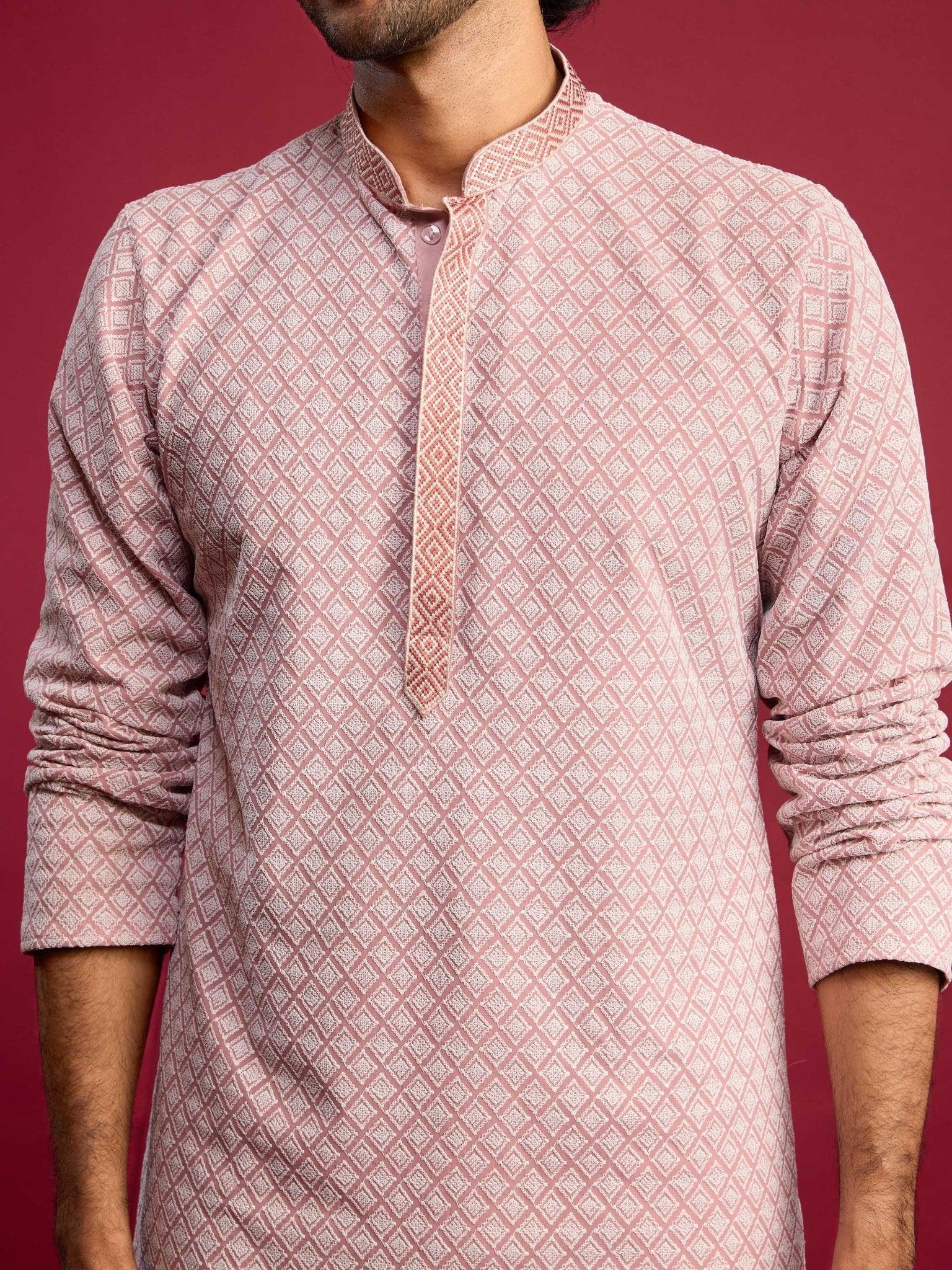 Men's Pink Faux Georgette Thread Embroidered Long Kurta