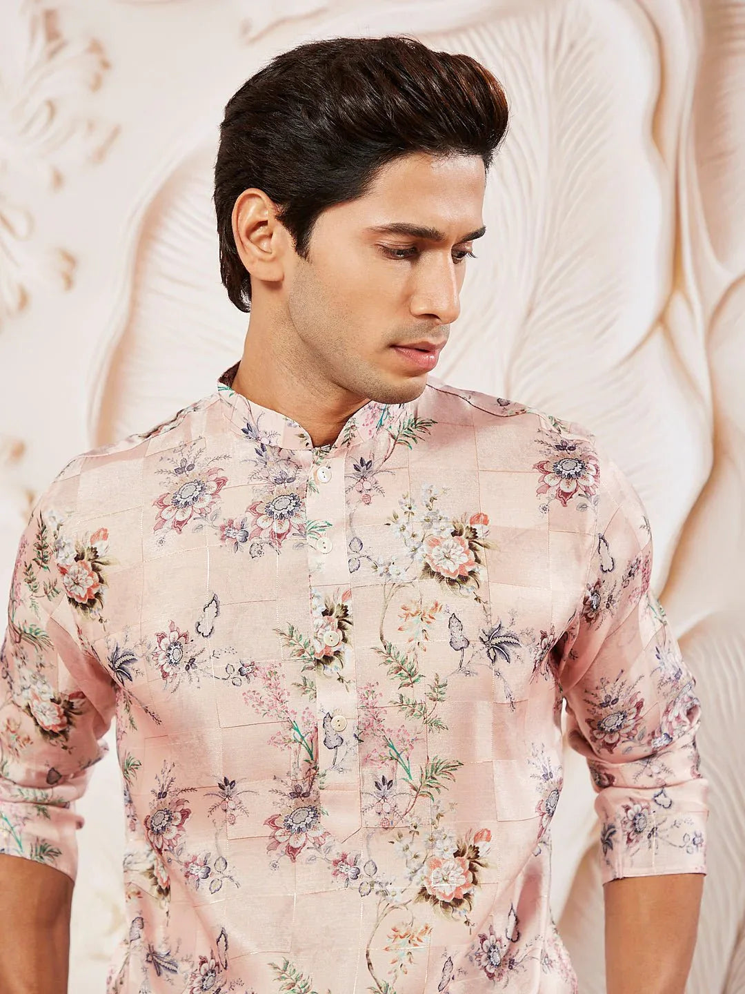 Men's Pink Printed Kurta Pyjama Set with Cream Viscose Pyjama