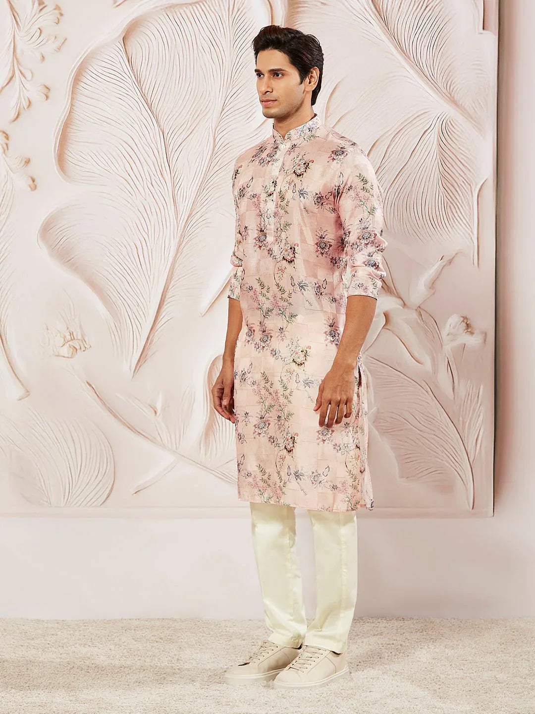 Men's Pink Printed Kurta Pyjama Set with Cream Viscose Pyjama