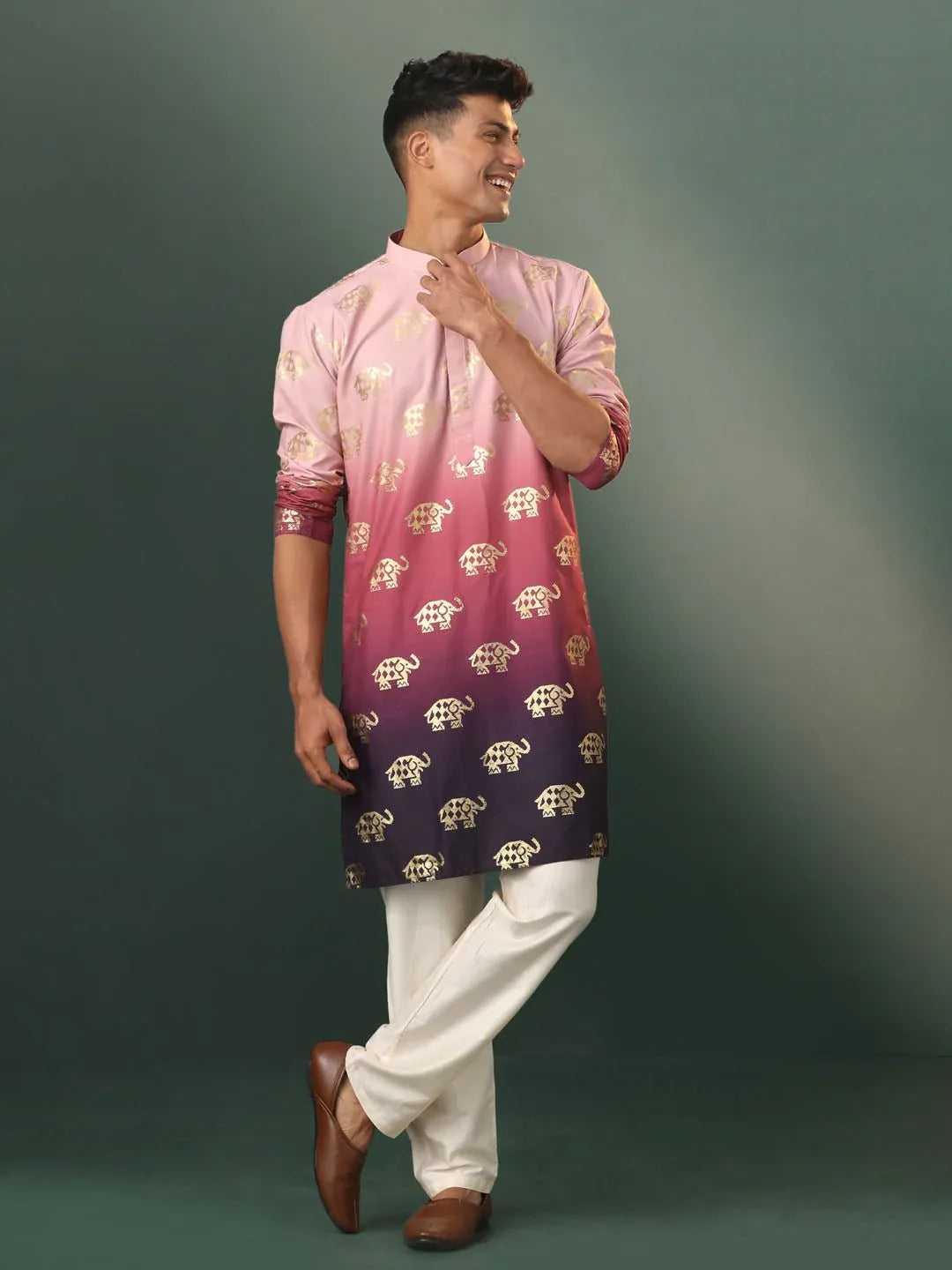 Men’s Pink Silk Blend Foil Elephant Print Kurta with Cream Pyjama Set