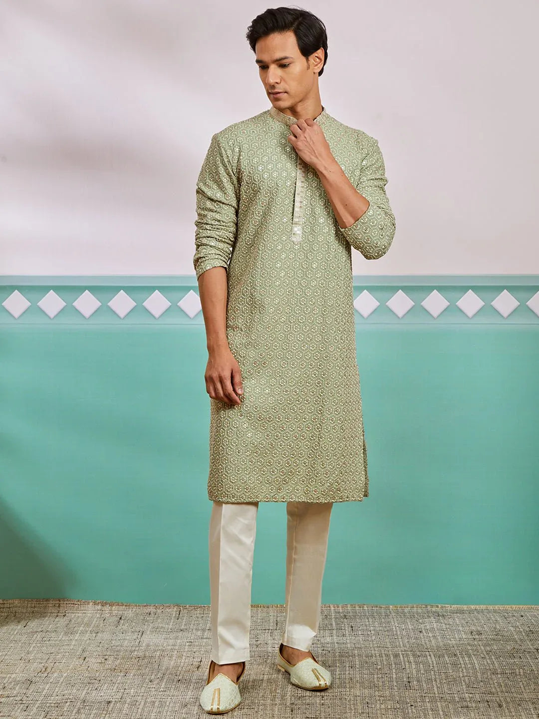 Men's Pista Green Chikankari Rayon Kurta with Cream Fine Satin Pyjama