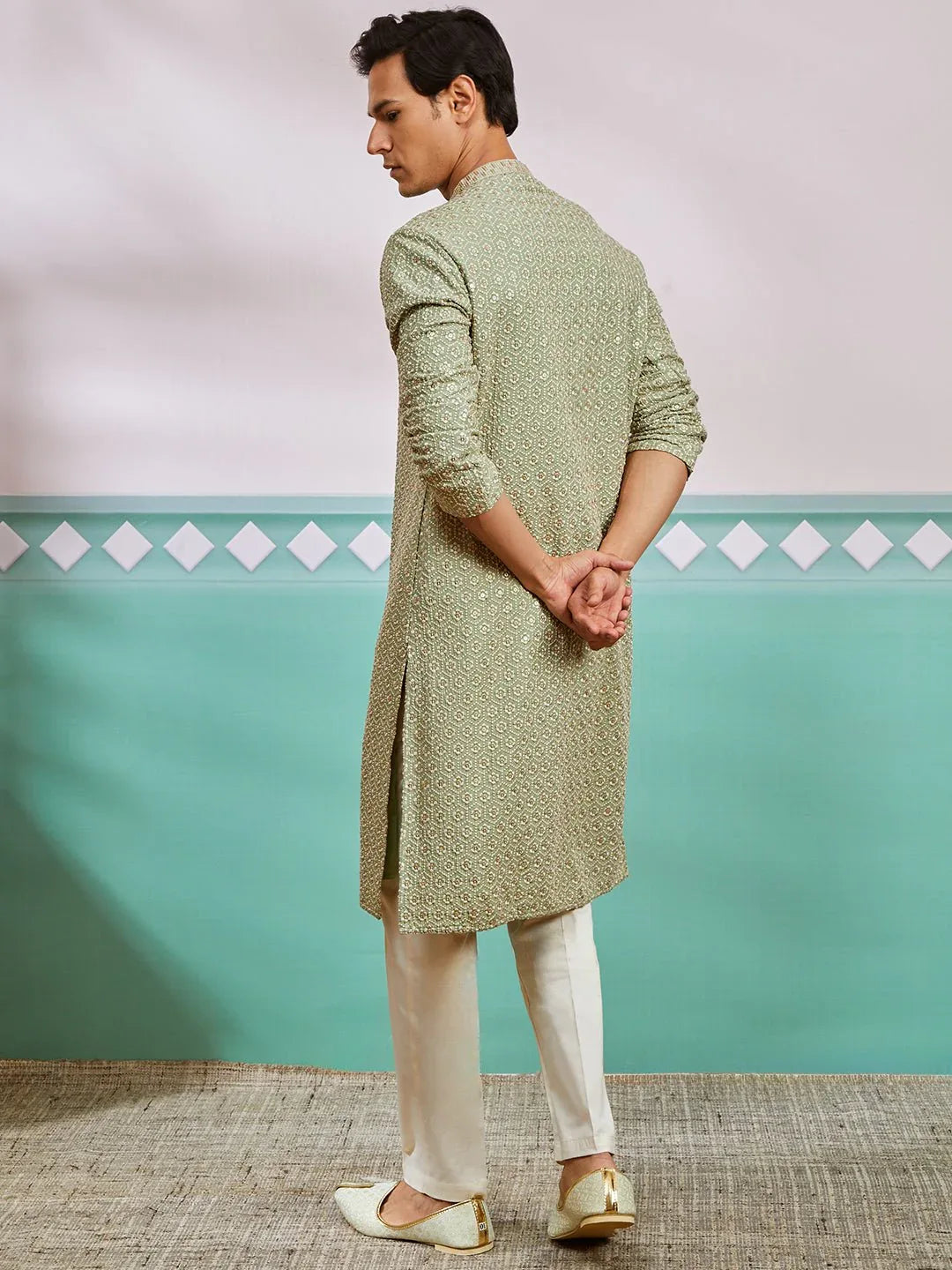 Men's Pista Green Chikankari Rayon Kurta with Cream Fine Satin Pyjama