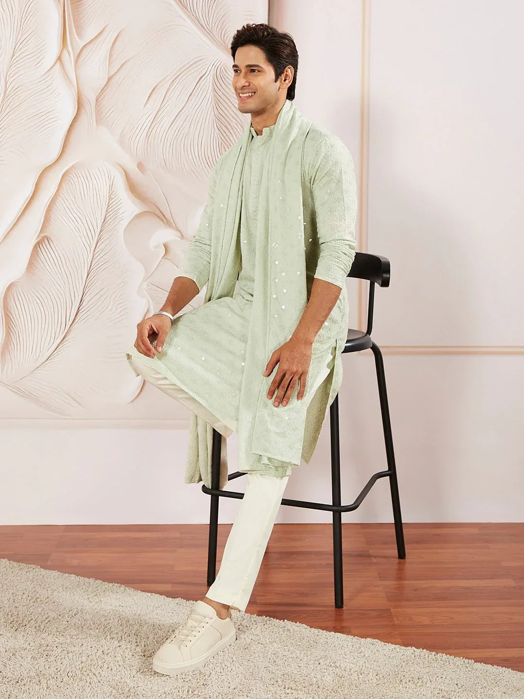 Men's Pista Green Rayon Kurta Pyjama Dupatta Set