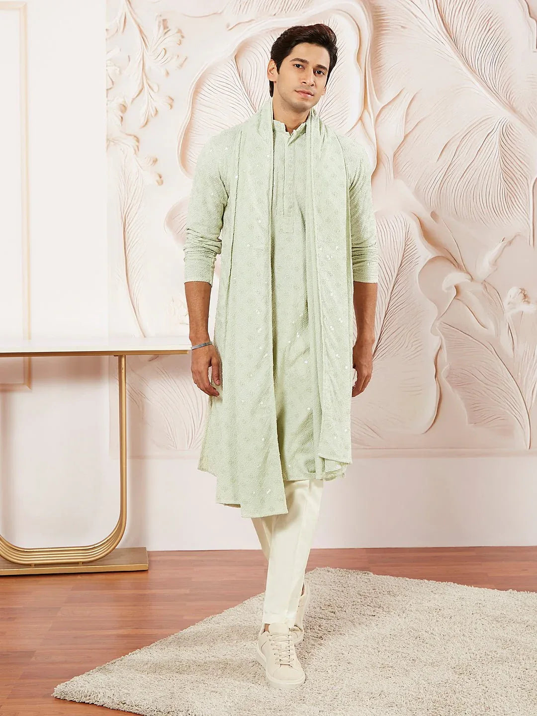 Men's Pista Green Rayon Kurta Pyjama Dupatta Set