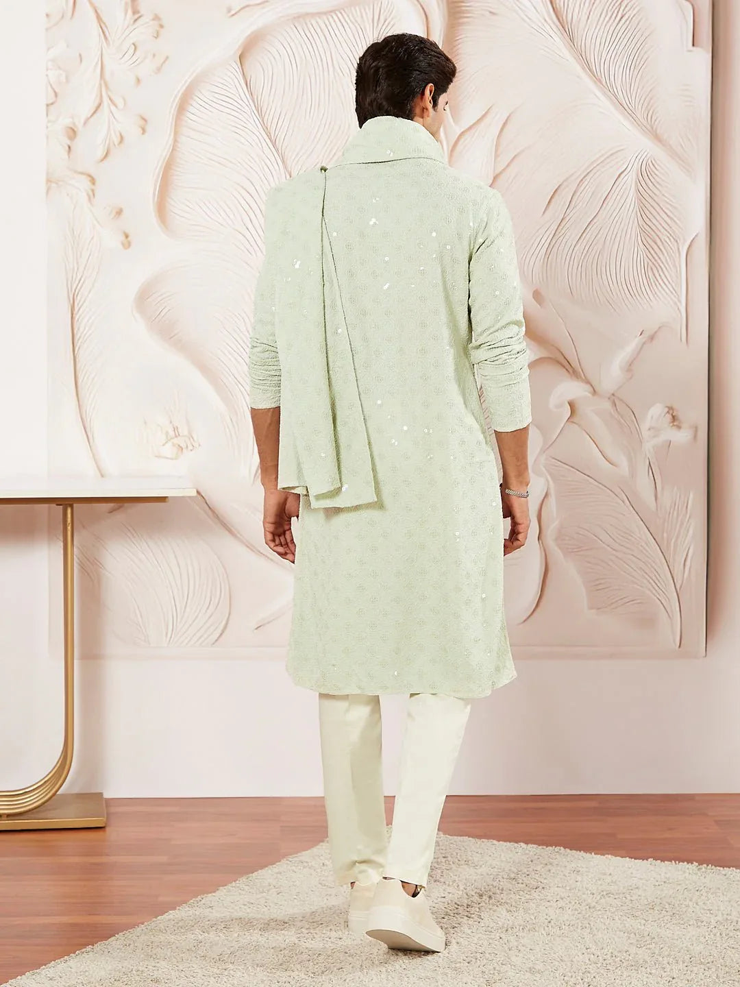 Men's Pista Green Rayon Kurta Pyjama Dupatta Set