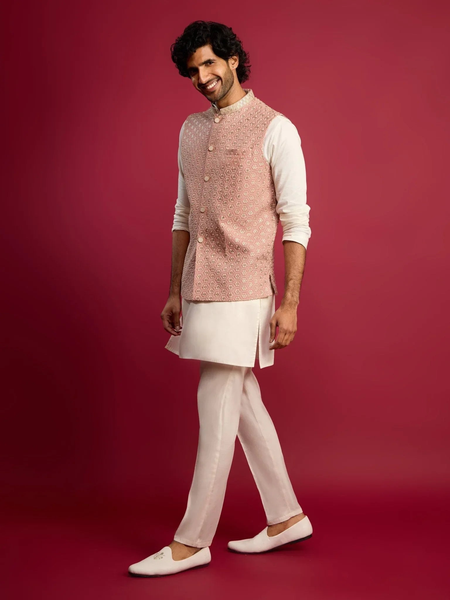 Men's Pista Green Sequin & Thread Embroidered Nehru Jacket with Cream Satin Kurta & Pants Set