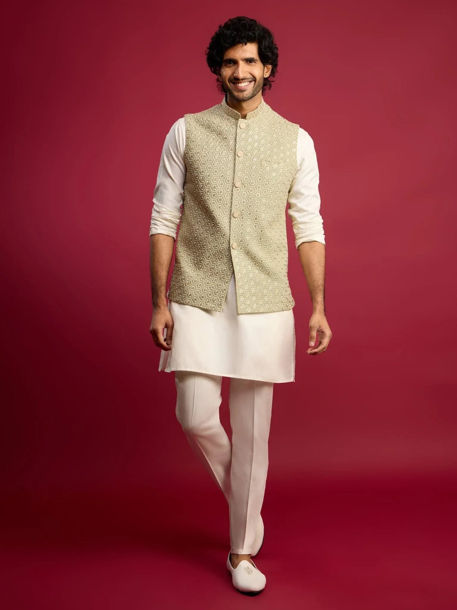 Men's Pista Green Sequin & Thread Embroidered Nehru Jacket with Cream Satin Kurta & Pants Set