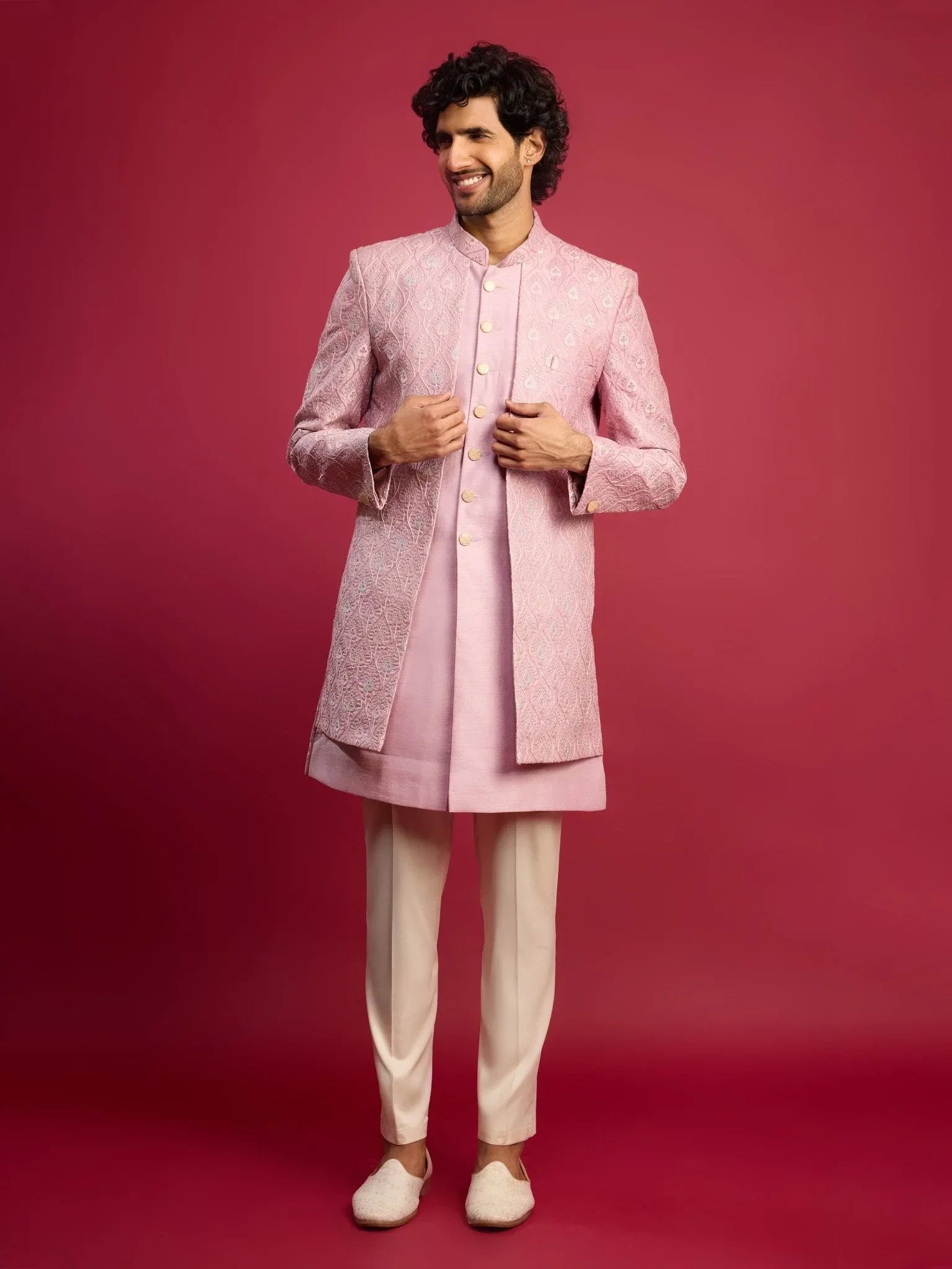 Men's Purple Embroidered Silk Blend Indo-Western with Cream Pant Style Pyjama