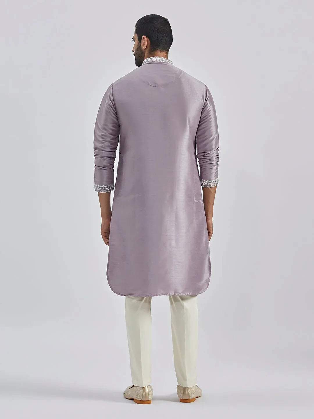 Men's Purple Hand Embroidered Silk Blend Kurta Pyjama Set