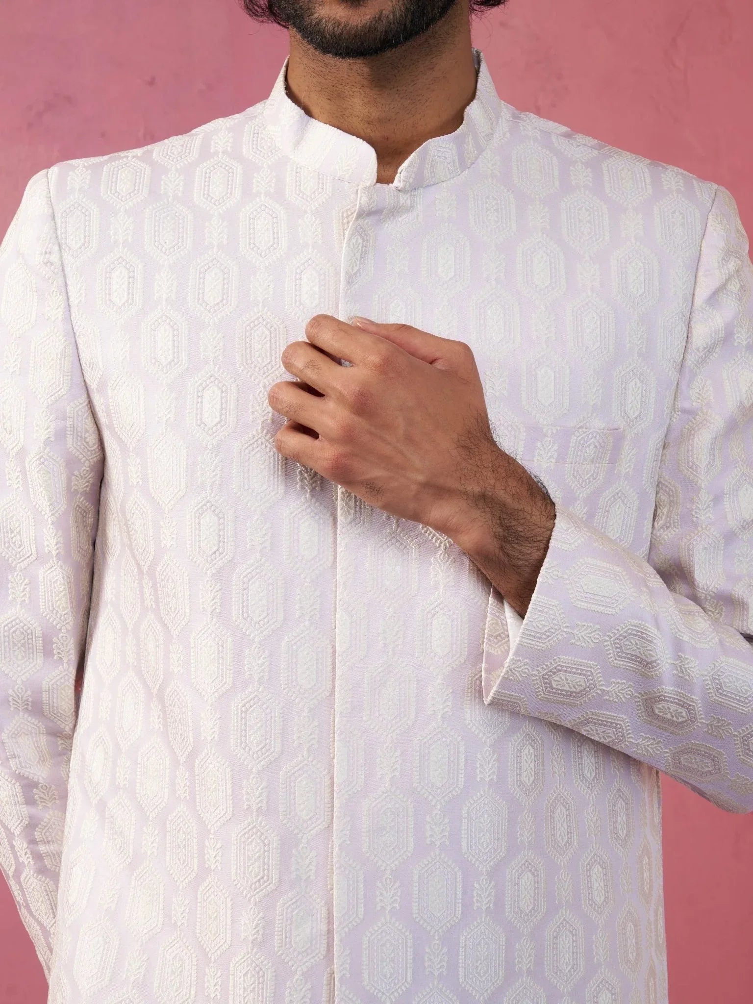 Men's Purple Jacquard Indo-Western Kurta with Cream Trousers