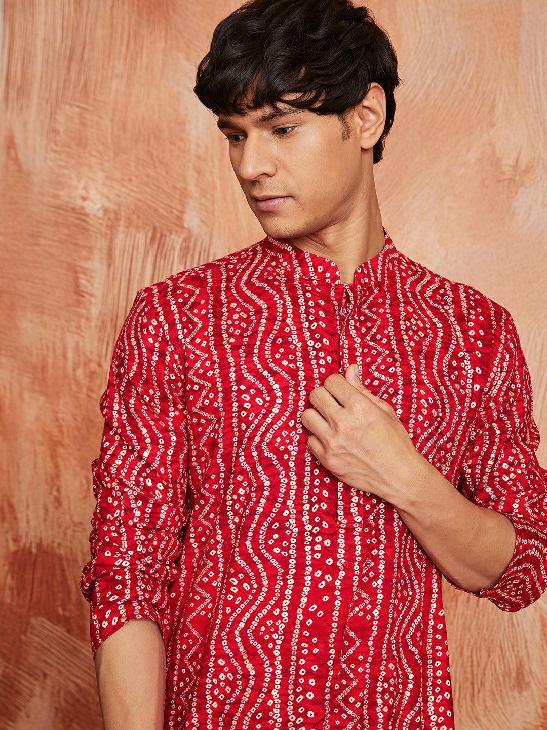 Men's Red Bandhni Foil Print Rayon Kurta with Cream Pyjama