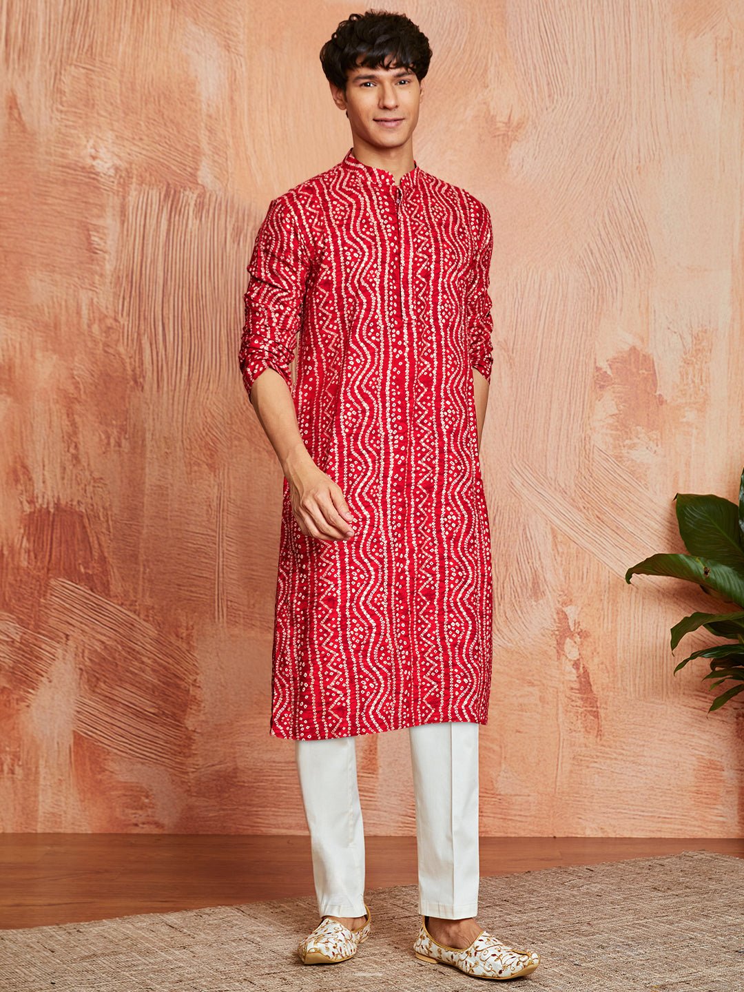 Men's Red Bandhni Foil Print Rayon Kurta with Cream Pyjama
