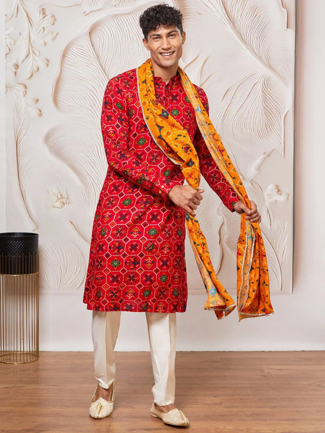 Men's Red Patola Print Silk Blend Kurta Pyjama Set with Yellow Printed Dupatta