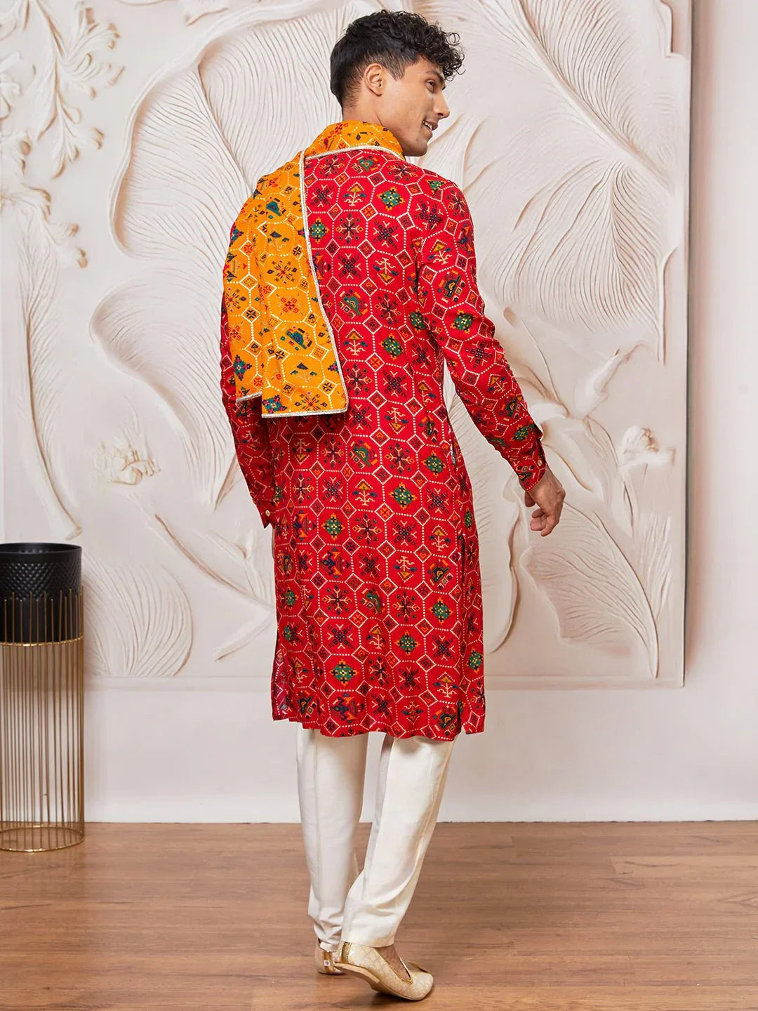 Men's Red Patola Print Silk Blend Kurta Pyjama Set with Yellow Printed Dupatta