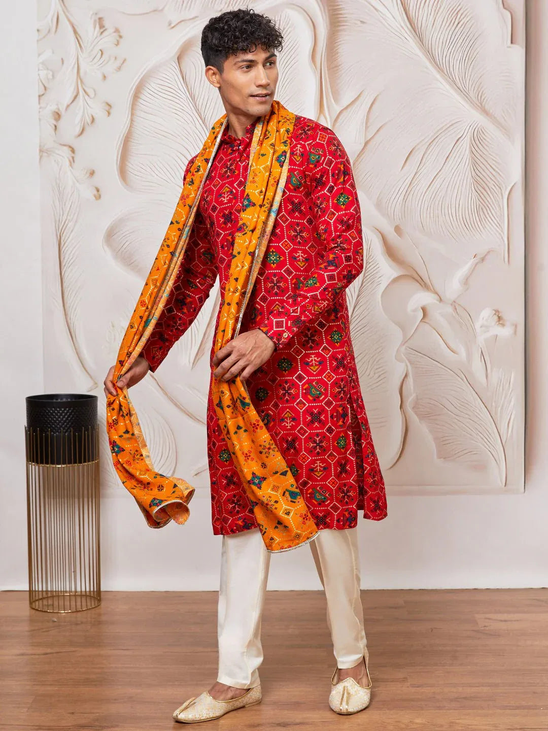 Men's Red Patola Print Silk Blend Kurta Pyjama Set with Yellow Printed Dupatta