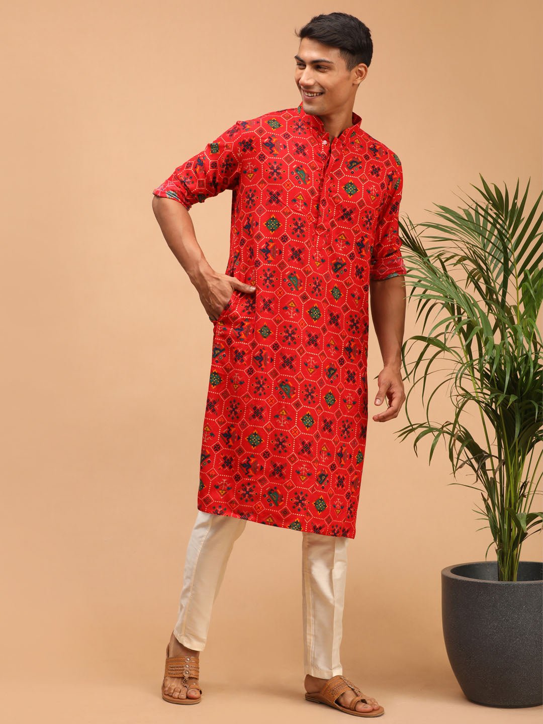 Men's Red Patola Kurta & Pyjama Set with Cream Viscose Pyjama