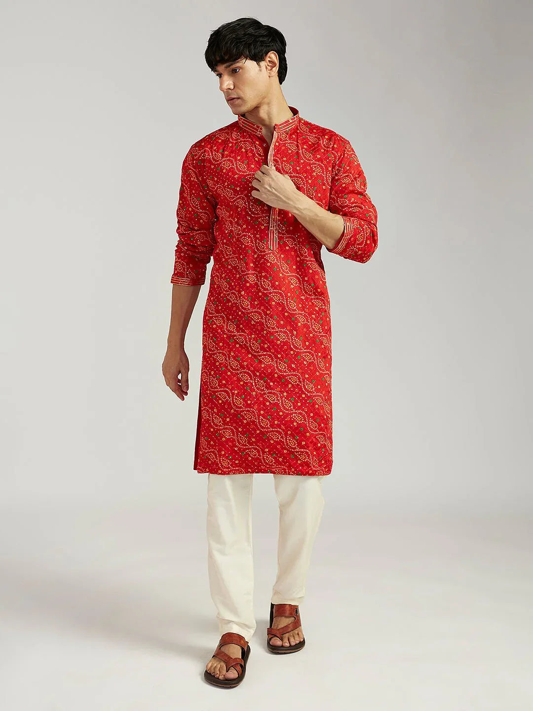 Men's Red Pure Chinon Bandhani Kurta with Cream Satin Pyjama