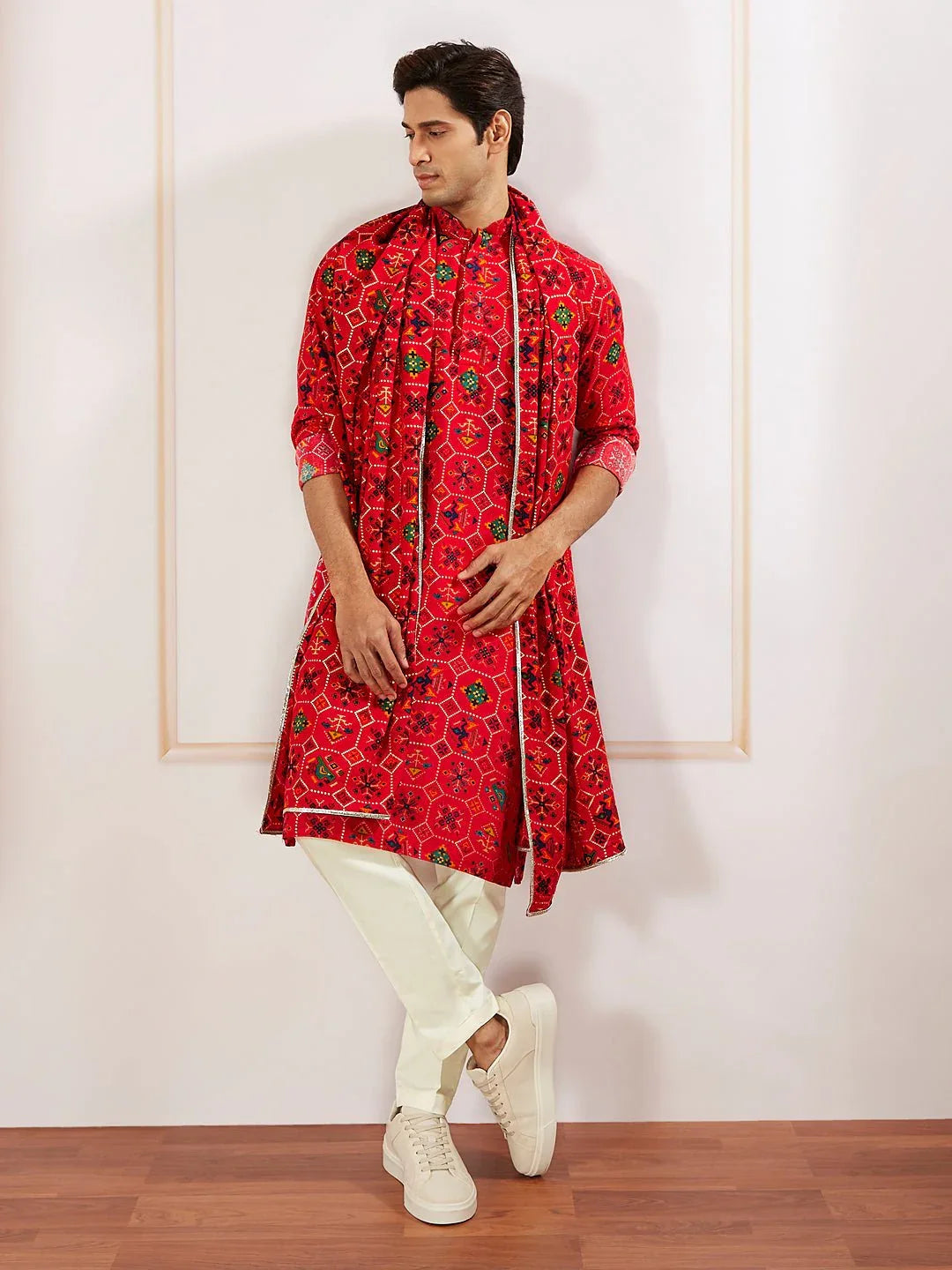 Men's Red Silk Blend Kurta Pyjama Dupatta Set