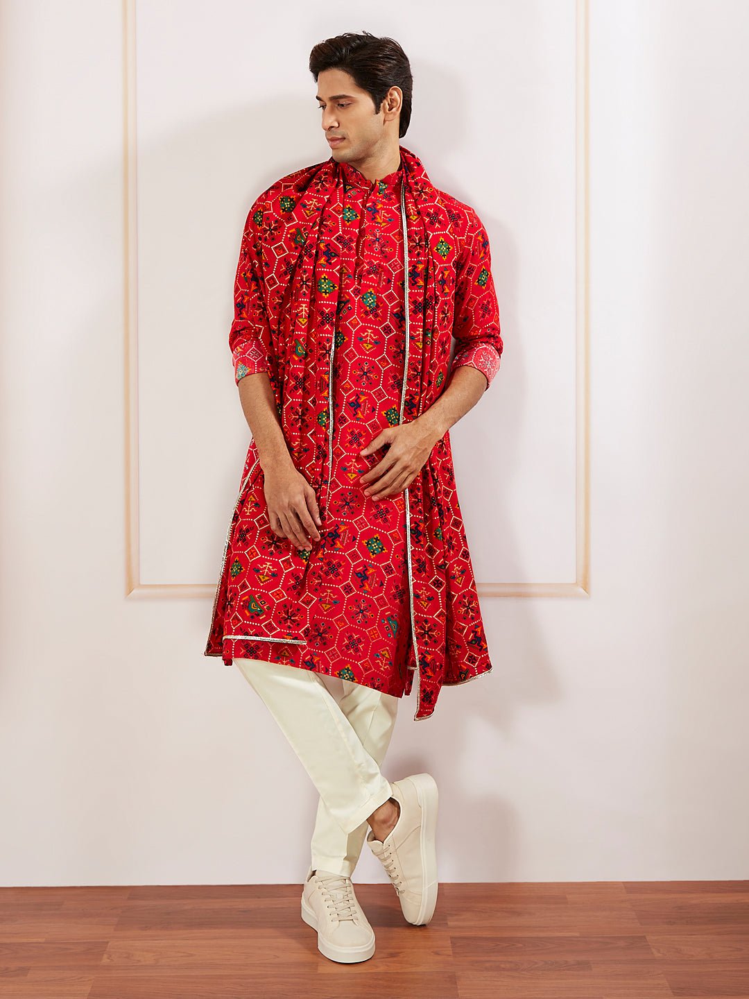 Men's Red Silk Blend Patola Kurta Pyjama & Dupatta Set