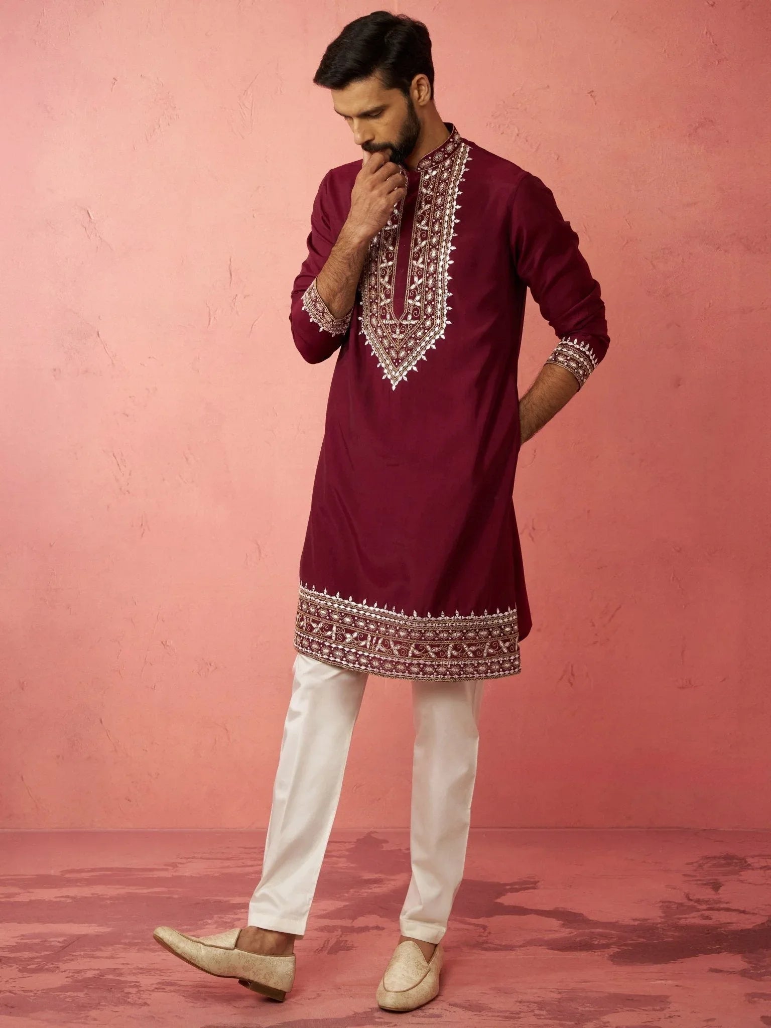 Men's Wine Chanderi Kurta Set with Cream Pyjama