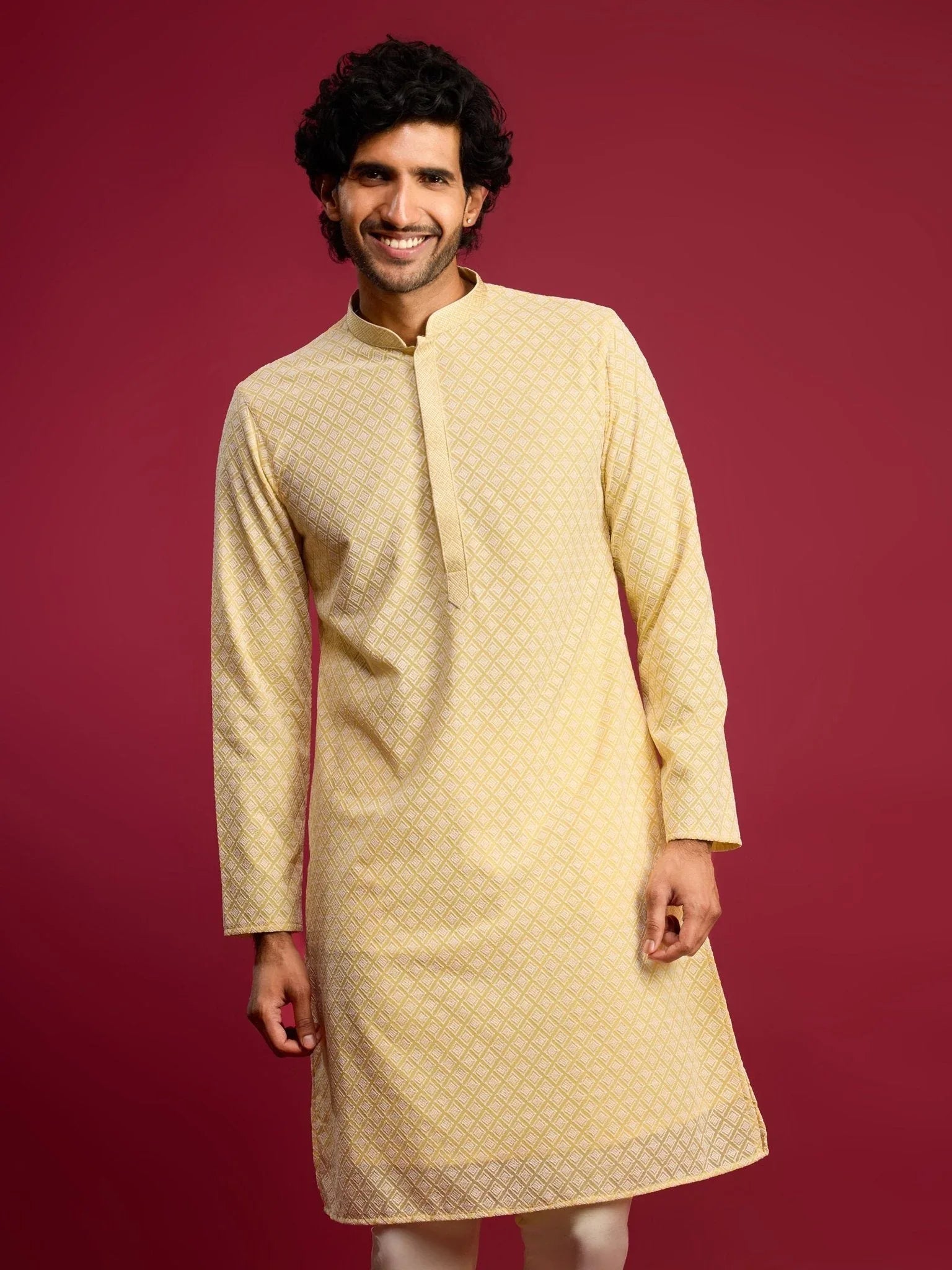 Men's Yellow Faux Georgette Thread Embroidered Long Kurta