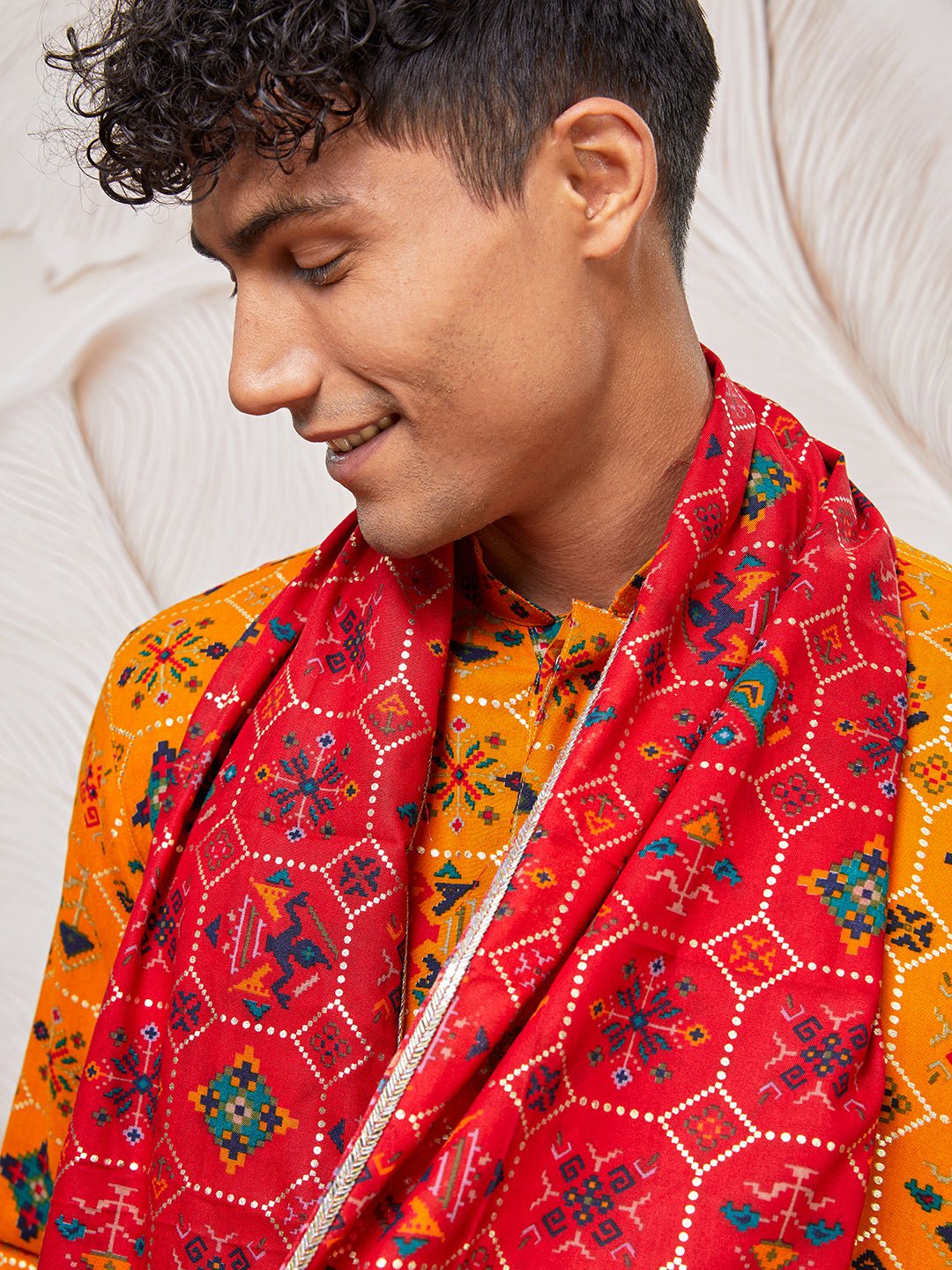 Men's Yellow Silk Blend Patola Kurta & Pyjama Set with Red Dupatta