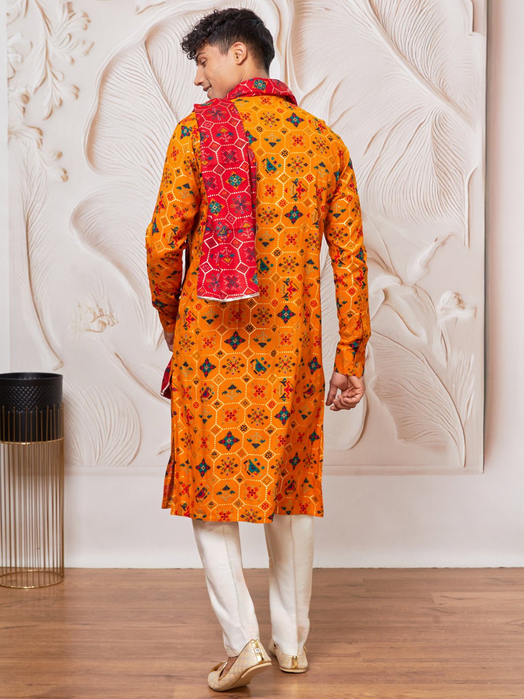 Men's Yellow Silk Blend Patola Kurta & Pyjama Set with Red Dupatta