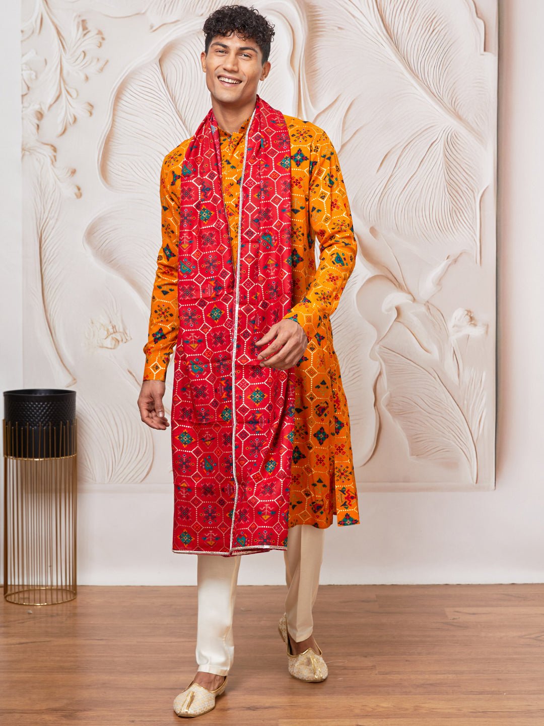 Men's Yellow Silk Blend Patola Kurta & Pyjama Set with Red Dupatta