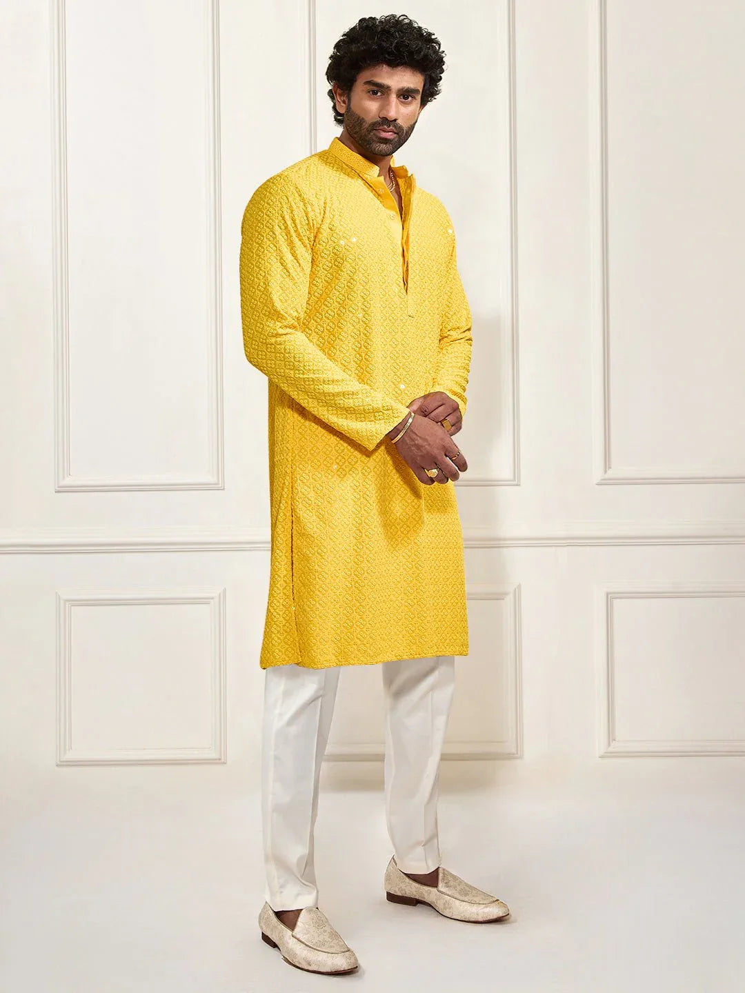 Men's Yellow Shifli Sequin Embroidered Kurta with Cream Pyjama Set