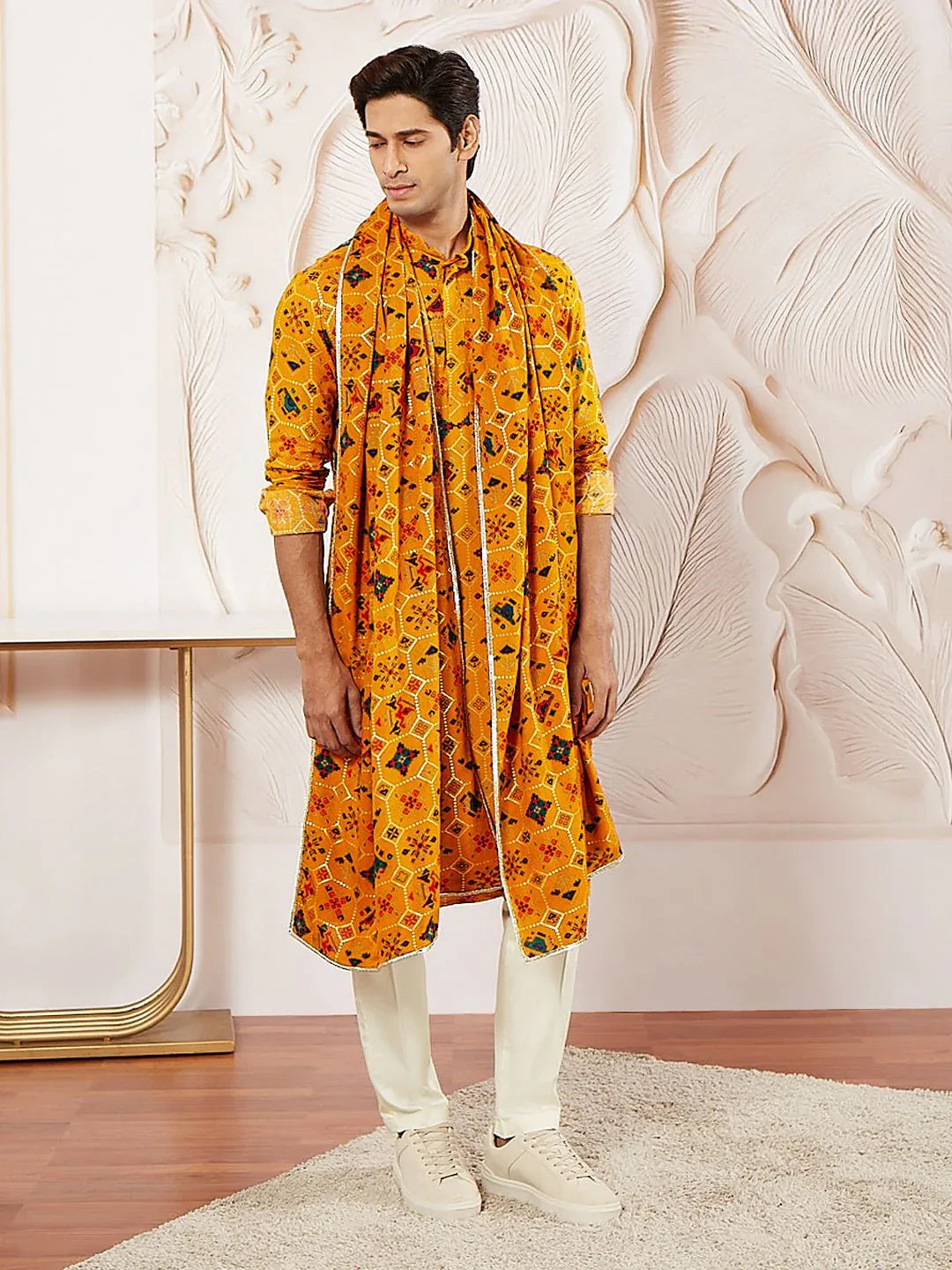Men's Yellow Silk Blend Kurta Pyjama Dupatta Set