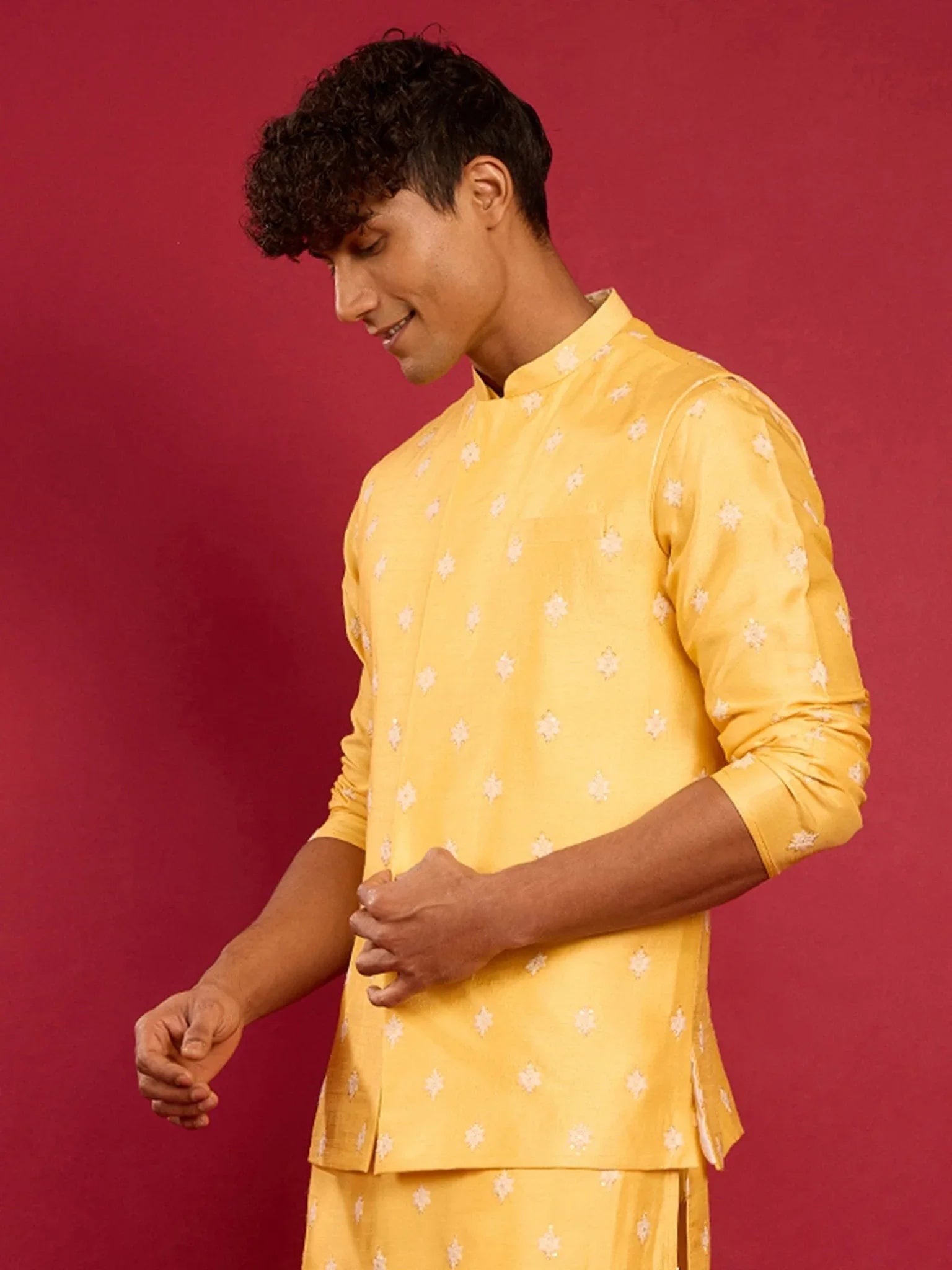 Men's Yellow Silk Blend Nehru Jacket
