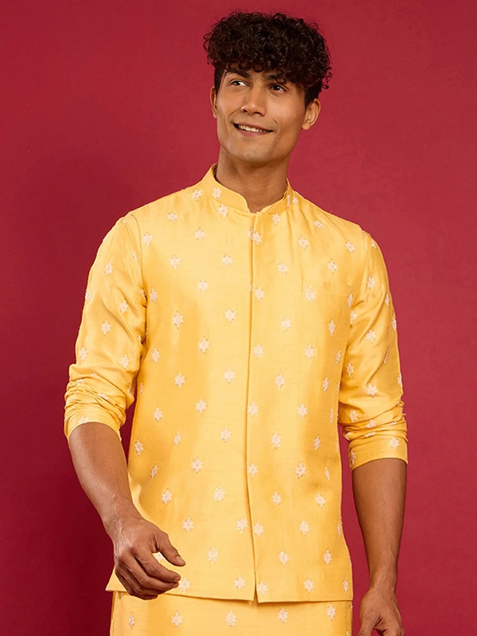 Men's Yellow Silk Blend Nehru Jacket