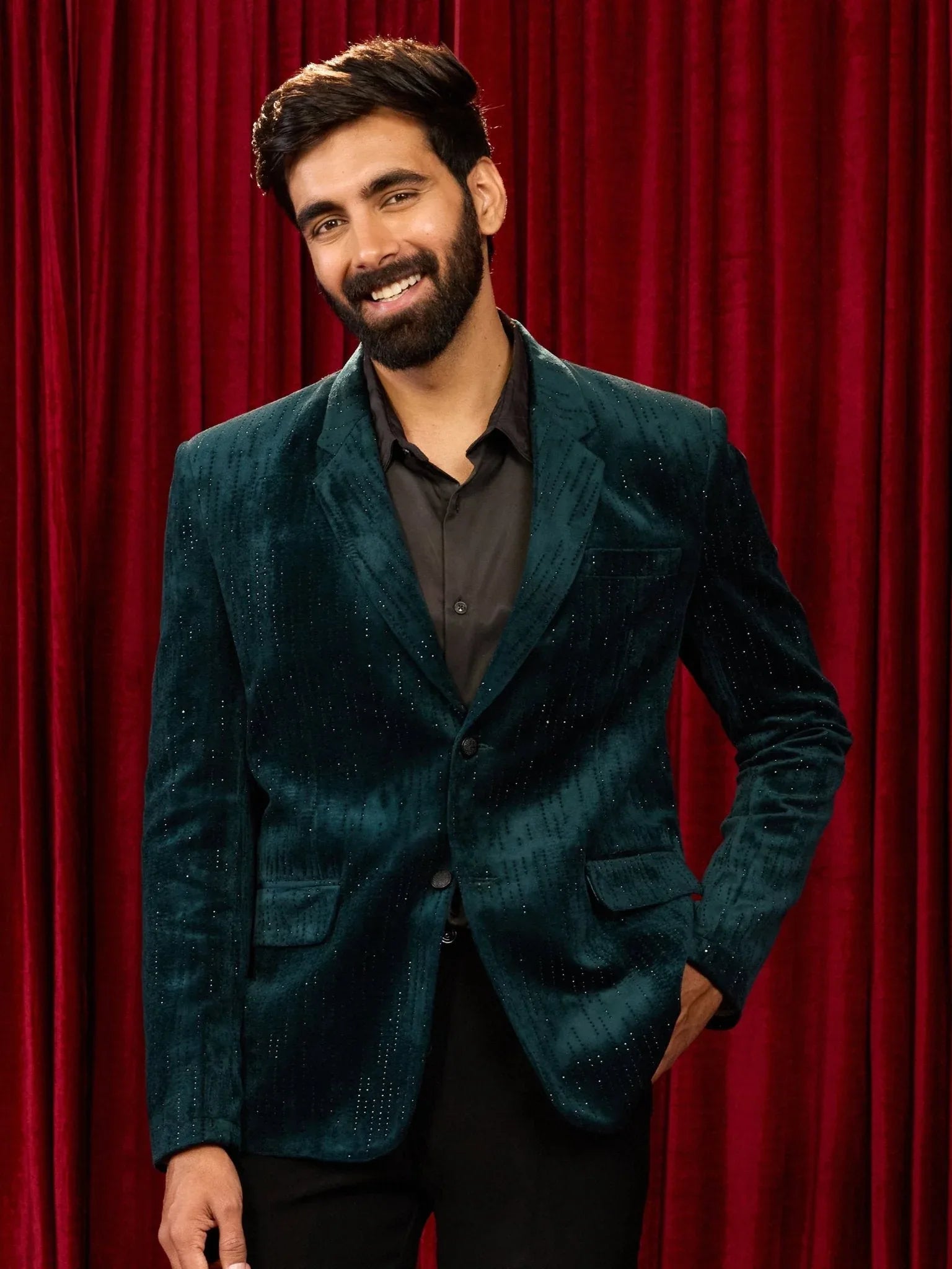 Men's's Bottle Green Milan Velvet Stone Work Blazer
