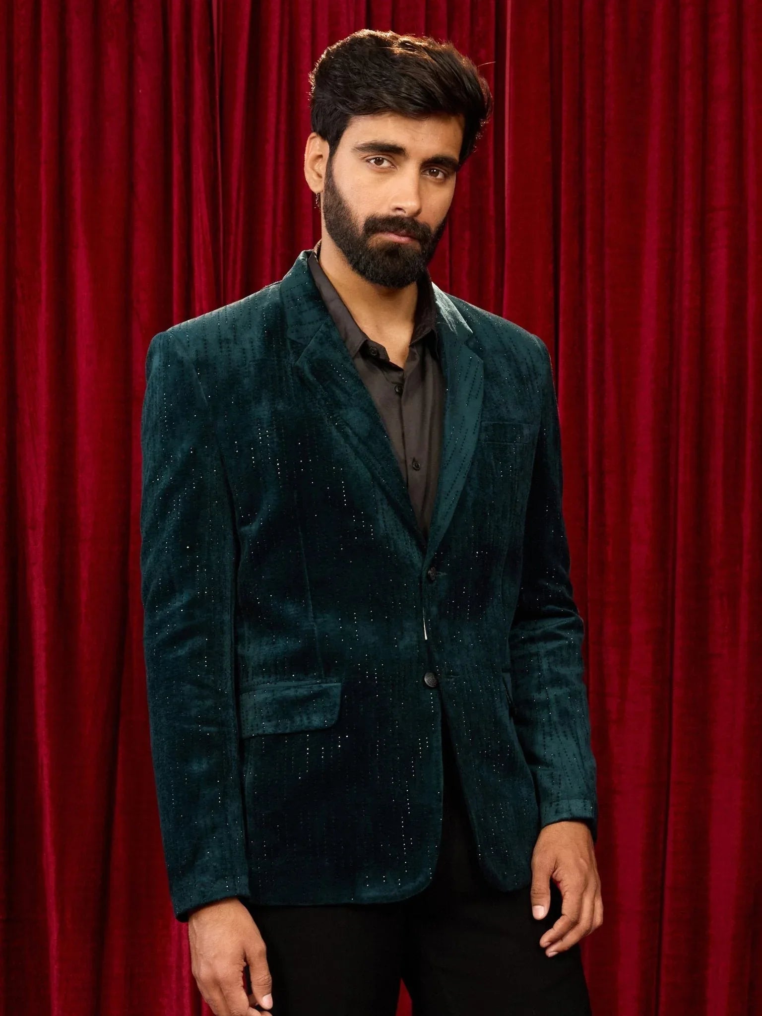 Men's's Bottle Green Milan Velvet Stone Work Blazer