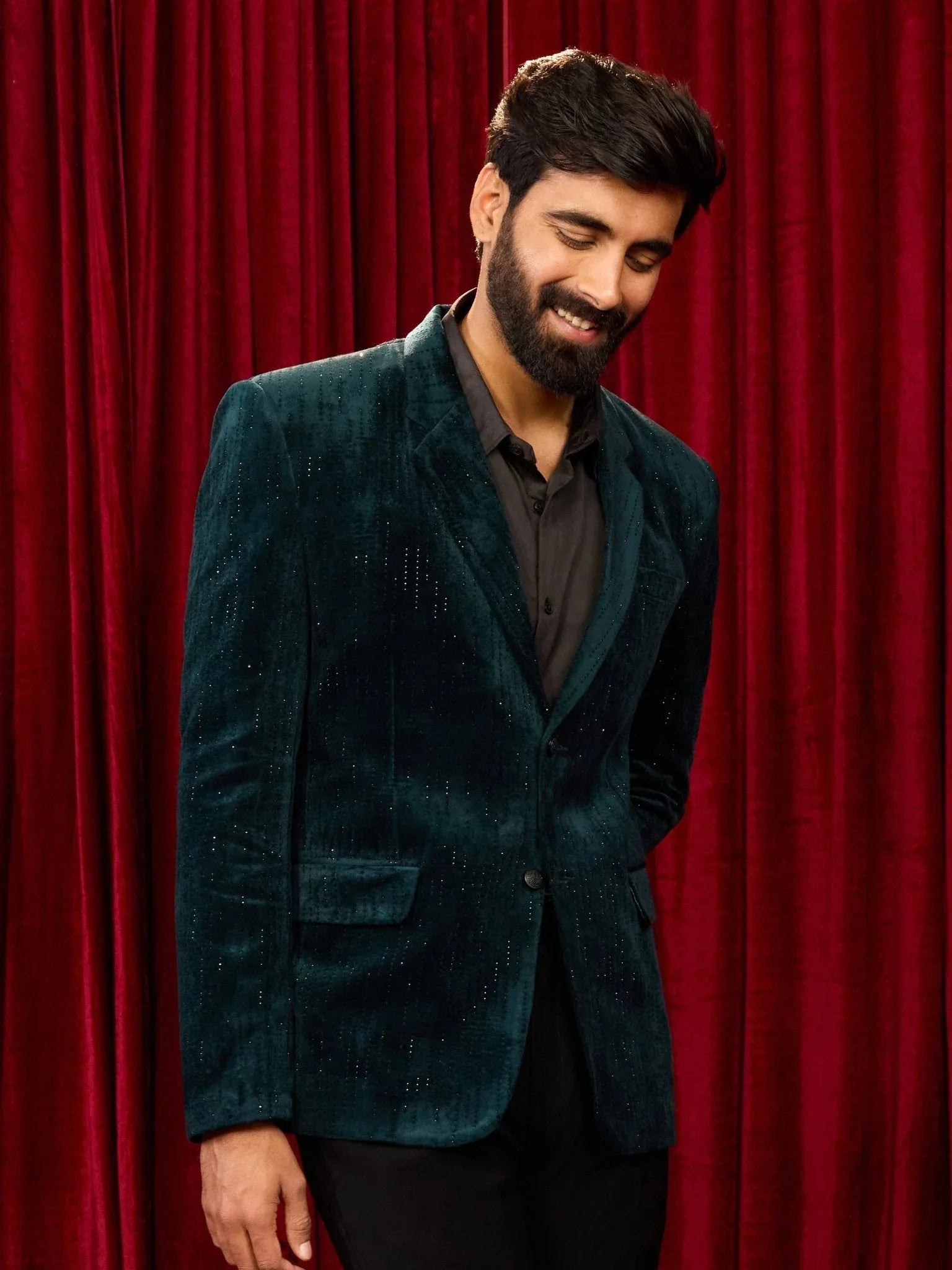 Men's's Bottle Green Milan Velvet Stone Work Blazer