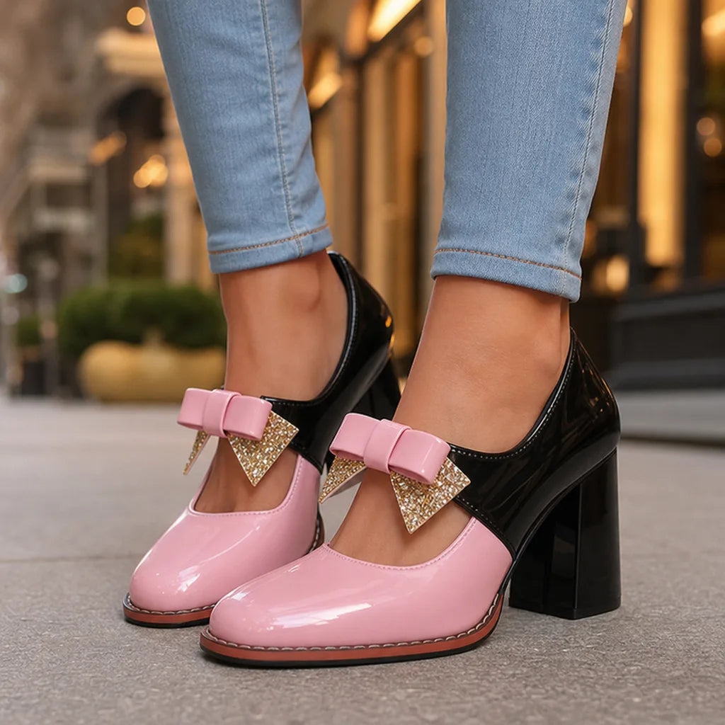 Pink women's Christmas Mary Jane heels by Hudson Ridge, stylish festive footwear with a classic strap design.