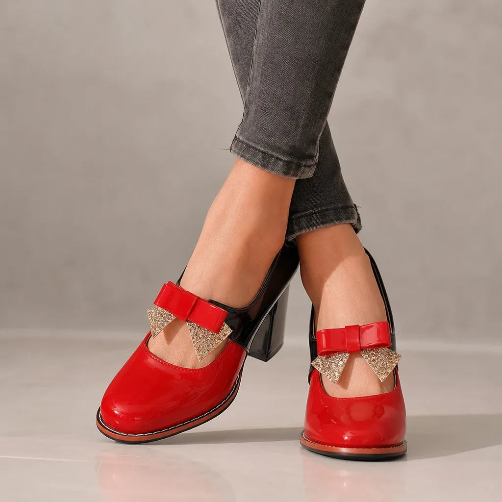 Red women's Christmas Mary Jane heels by Hudson Ridge, stylish holiday footwear with a festive design and classic Mary Jane strap.