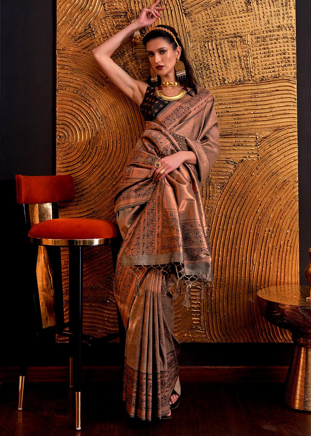 Metallic Brown Handloom Woven Designer Silk Saree - qivii