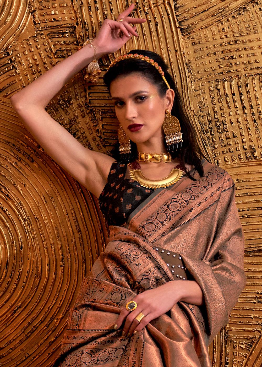 Metallic Brown Handloom Woven Designer Silk Saree - qivii
