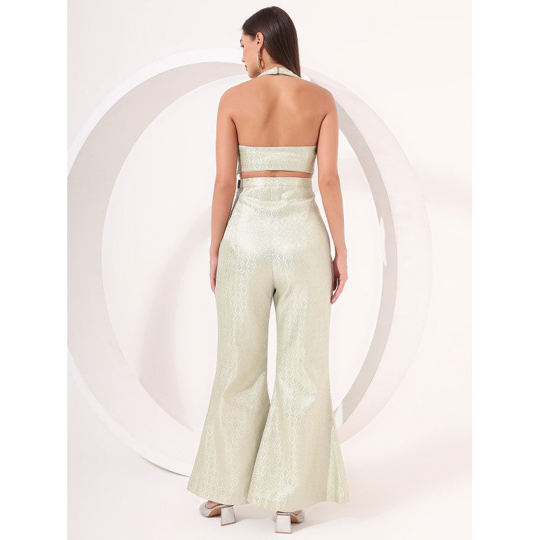 Mint Green Brocade Halter Neck Co-Ord Set - qivii