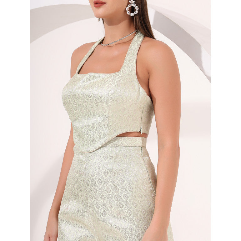 Mint Green Brocade Halter Neck Co-Ord Set - qivii