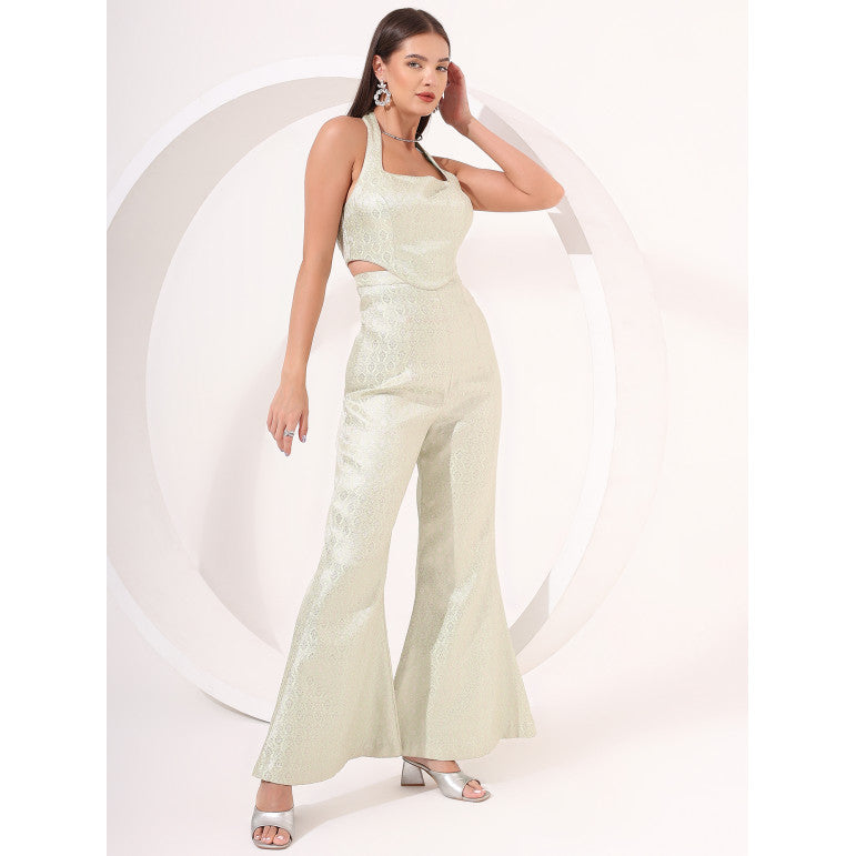 Mint Green Brocade Halter Neck Co-Ord Set - qivii