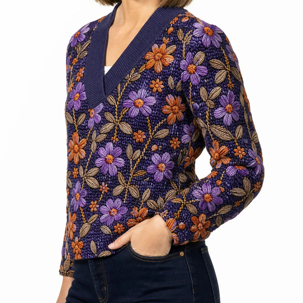 Mirabel | Womens Embroidered Stylish V Neck Sweater
