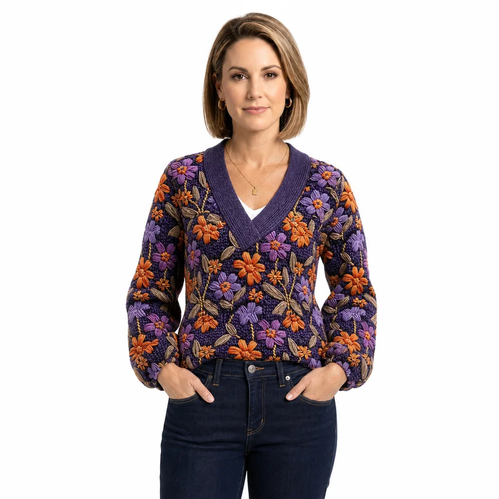 Mirabel | Womens Embroidered Stylish V Neck Sweater