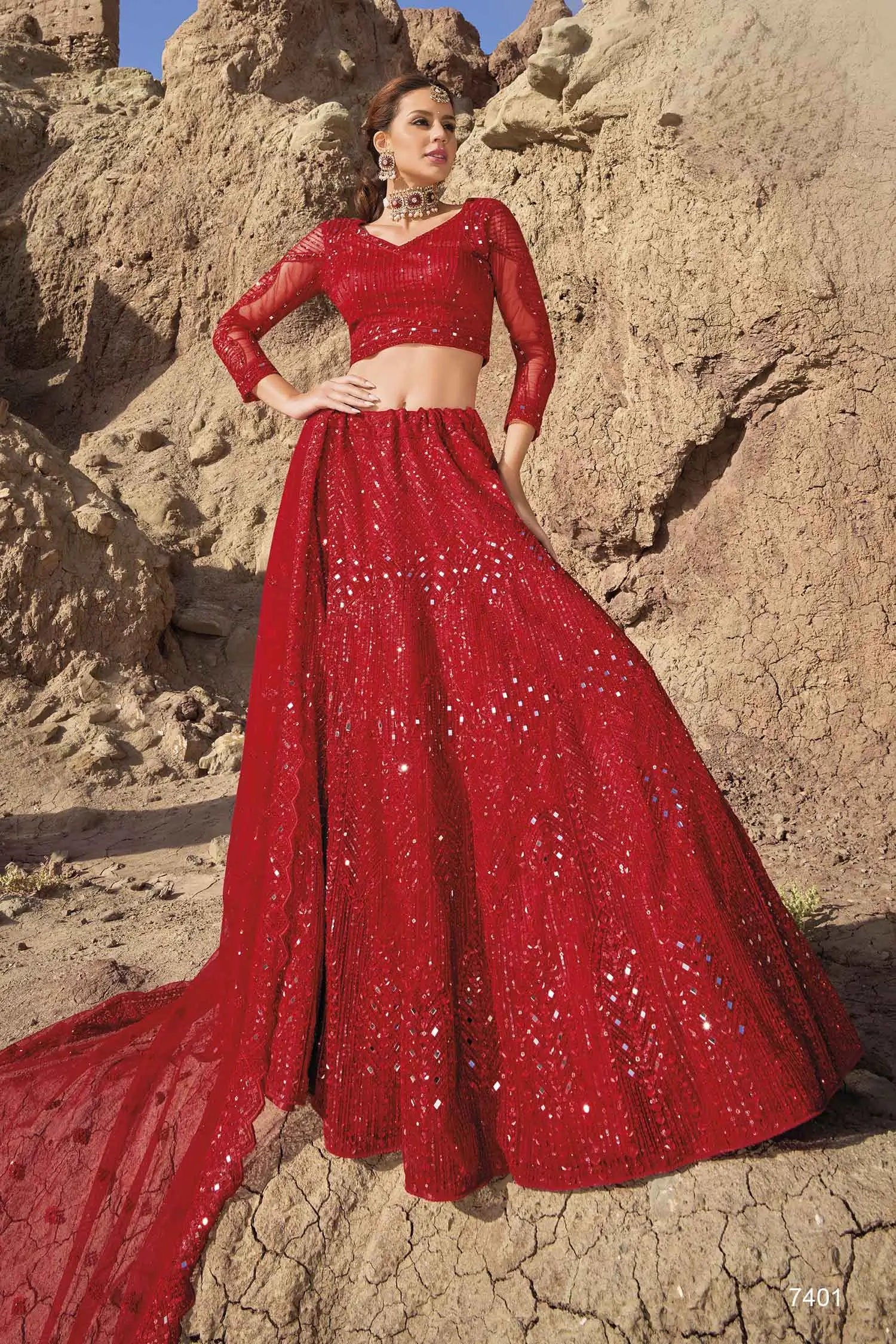 Red Mirror Work With Sequins Embroidery Work Bridal Lehenga - qivii