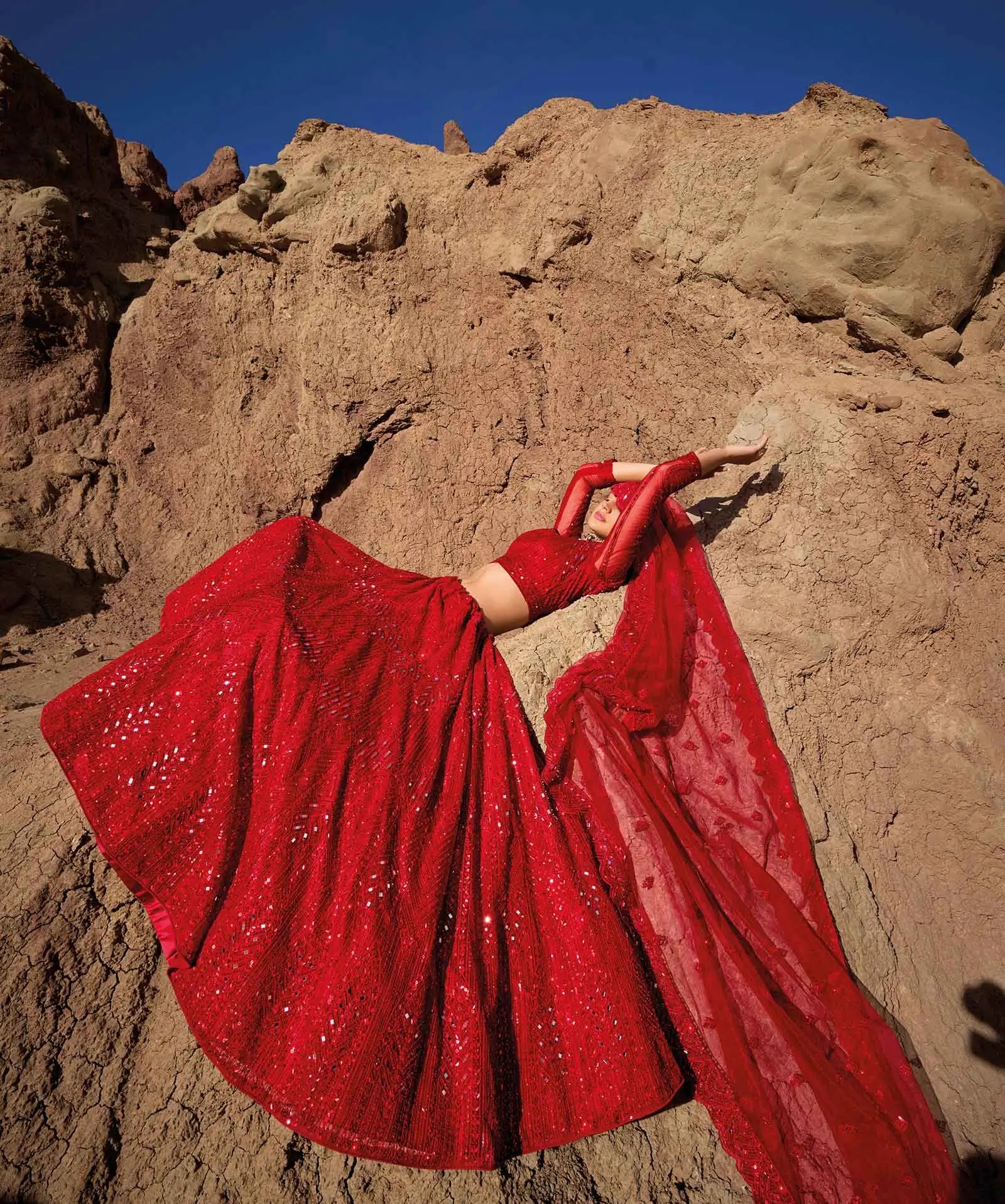 Red Mirror Work With Sequins Embroidery Work Bridal Lehenga - qivii